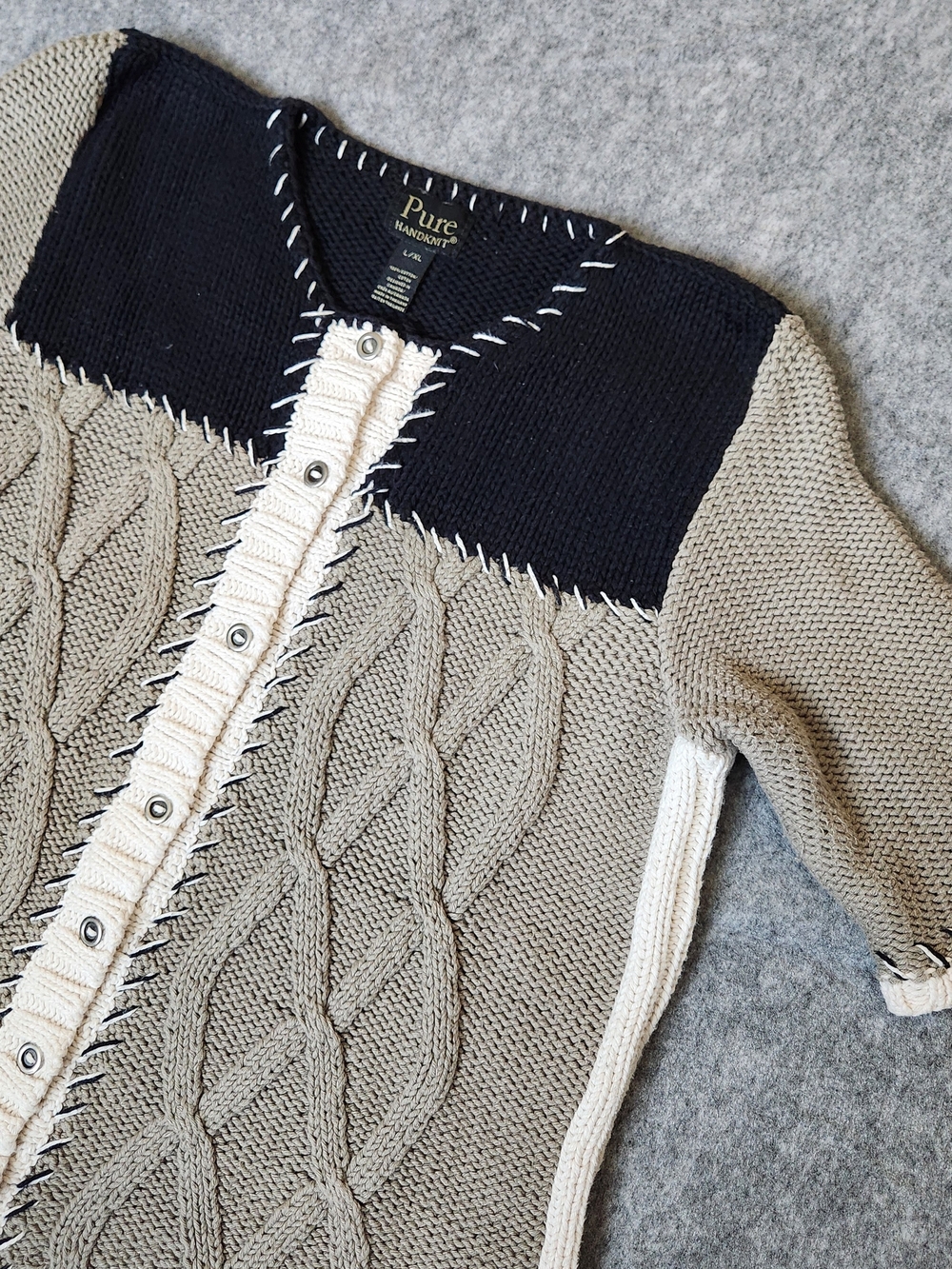 Pure Handknit Cable Knit Cardigan Sweater Women's L/XL Beige Colorblock Stitched
